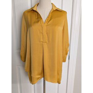 Renuar Women S Air Flow 3/4 Roll Tab Sleeves Collared Yellow Asymmetrical Blouse
